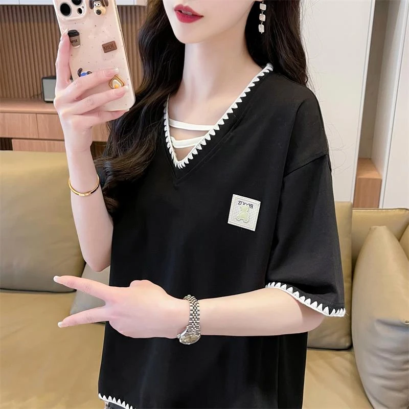 品牌商城同款大码女装v领高级感短袖t恤女夏装2025新款宽松韩版