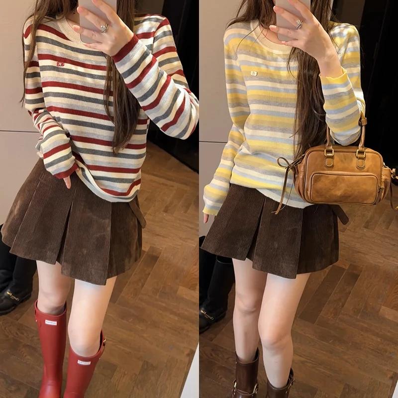 【mimius】P 韩系百搭宽松显瘦条纹圆领长袖打底衫 WG08001