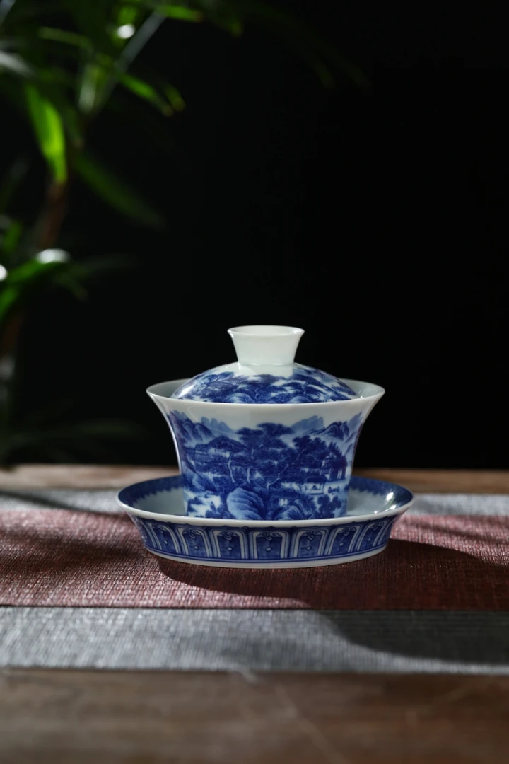 景德镇高温釉下彩夏日山居图三才马蹄盖碗中号泡茶