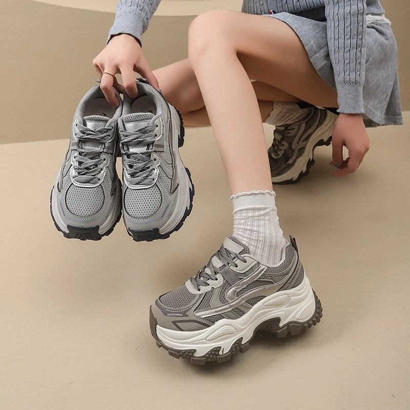 厚底老爹鞋女2025秋季新款百搭复古7cm增高休闲网面运动松糕女鞋