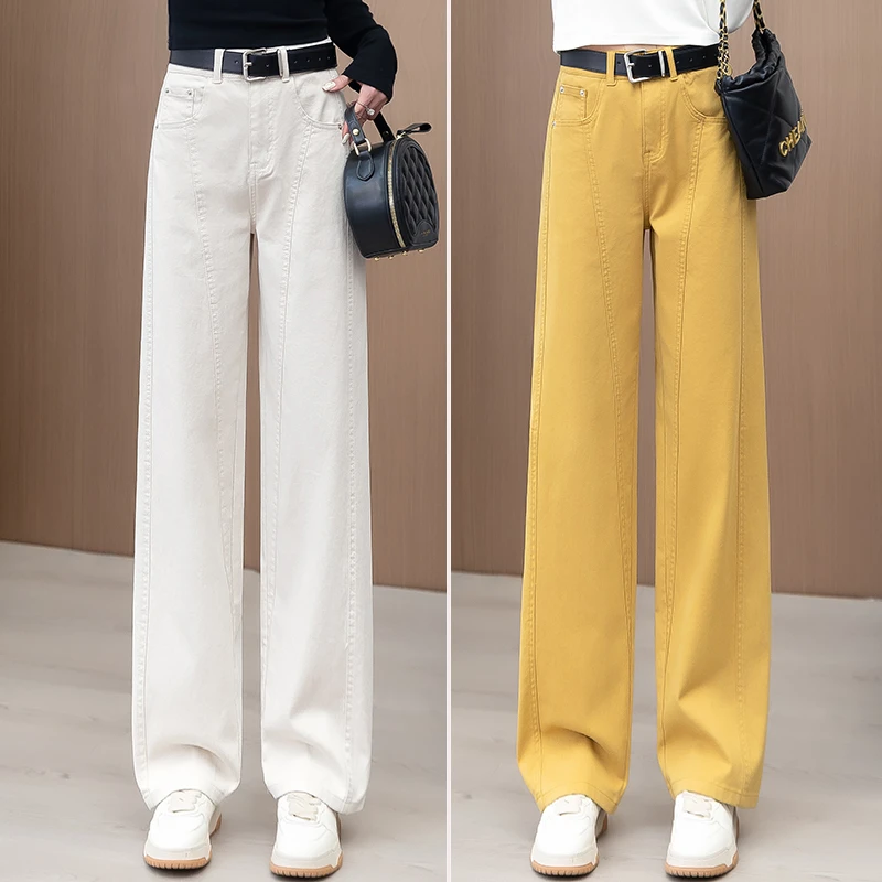 姜黄色直筒牛仔裤女夏季2025新款高腰显瘦弯刀裤浅色窄版阔腿长裤
