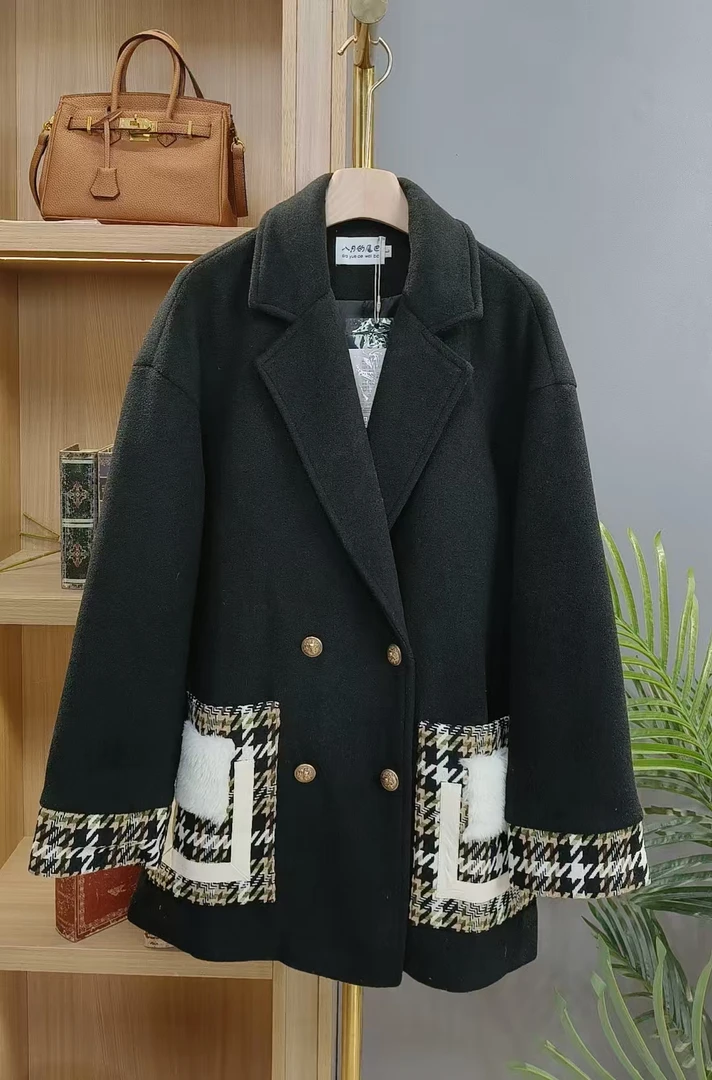 【柒悠】黑色大衣短款毛呢外套