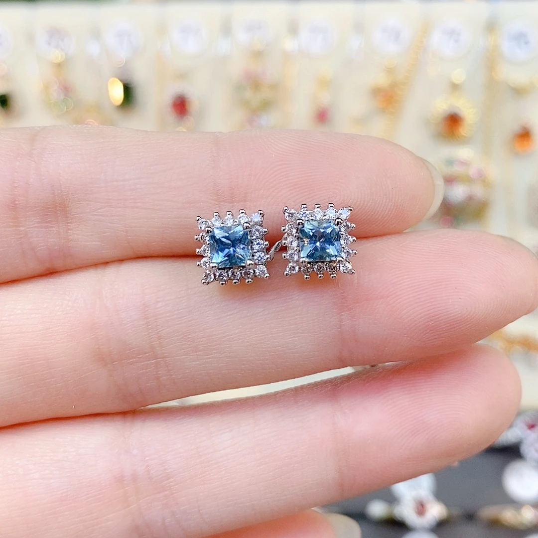 耳饰银S925镶嵌海蓝宝石