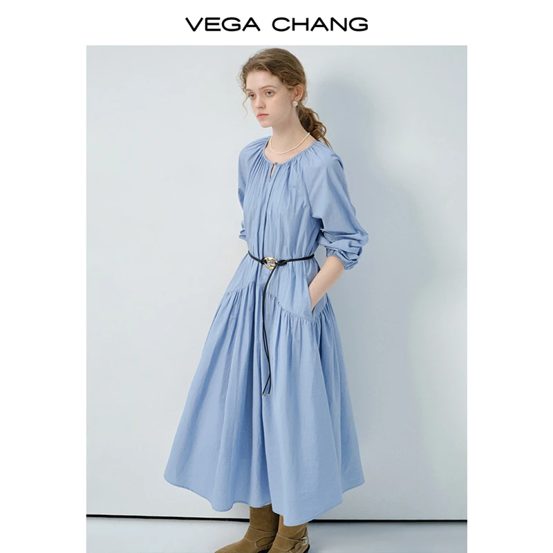 VEGA CHANG连衣裙女2025春新款立体褶皱设计收腰显瘦文艺风A字裙