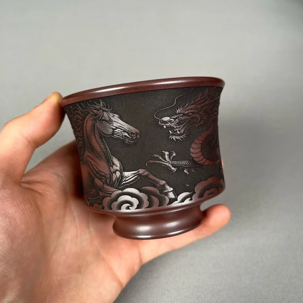 宜兴原矿紫砂杯纯手工刻绘龙马精神石红马蹄杯主人杯精品大容量