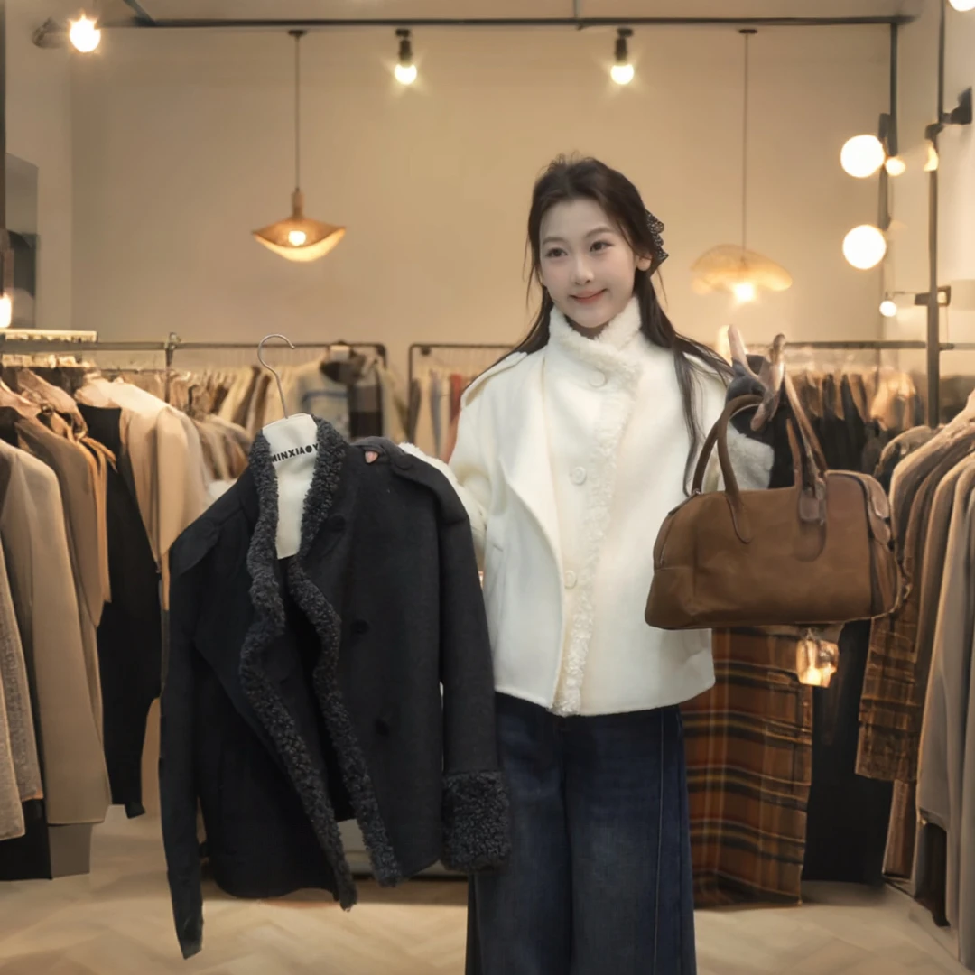 闵笑一【乌木雪松】新款温柔显瘦气质设计感休闲毛绒羊毛外套上衣