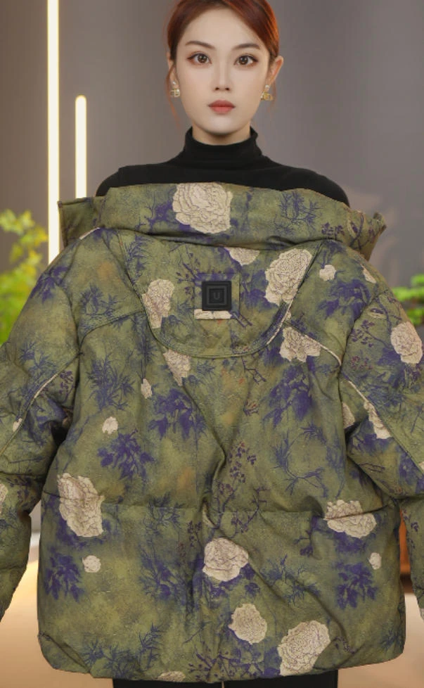 2025冬装新款时尚流行宽松休闲复古印花羽绒服外套-可乐