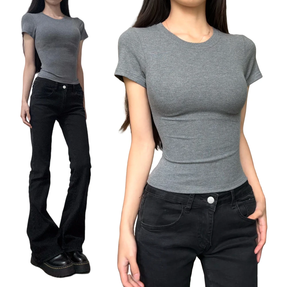 卡戴珊同款纯色圆领百搭夏季紧身skims短袖上衣女修身螺纹打底t恤