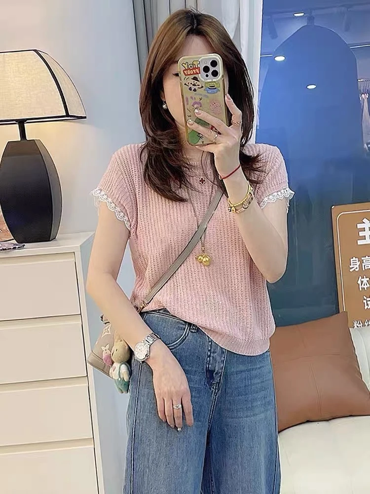 春夏季减龄百搭简约蕾丝薄款针织蕾丝拼接袖口T恤女上衣