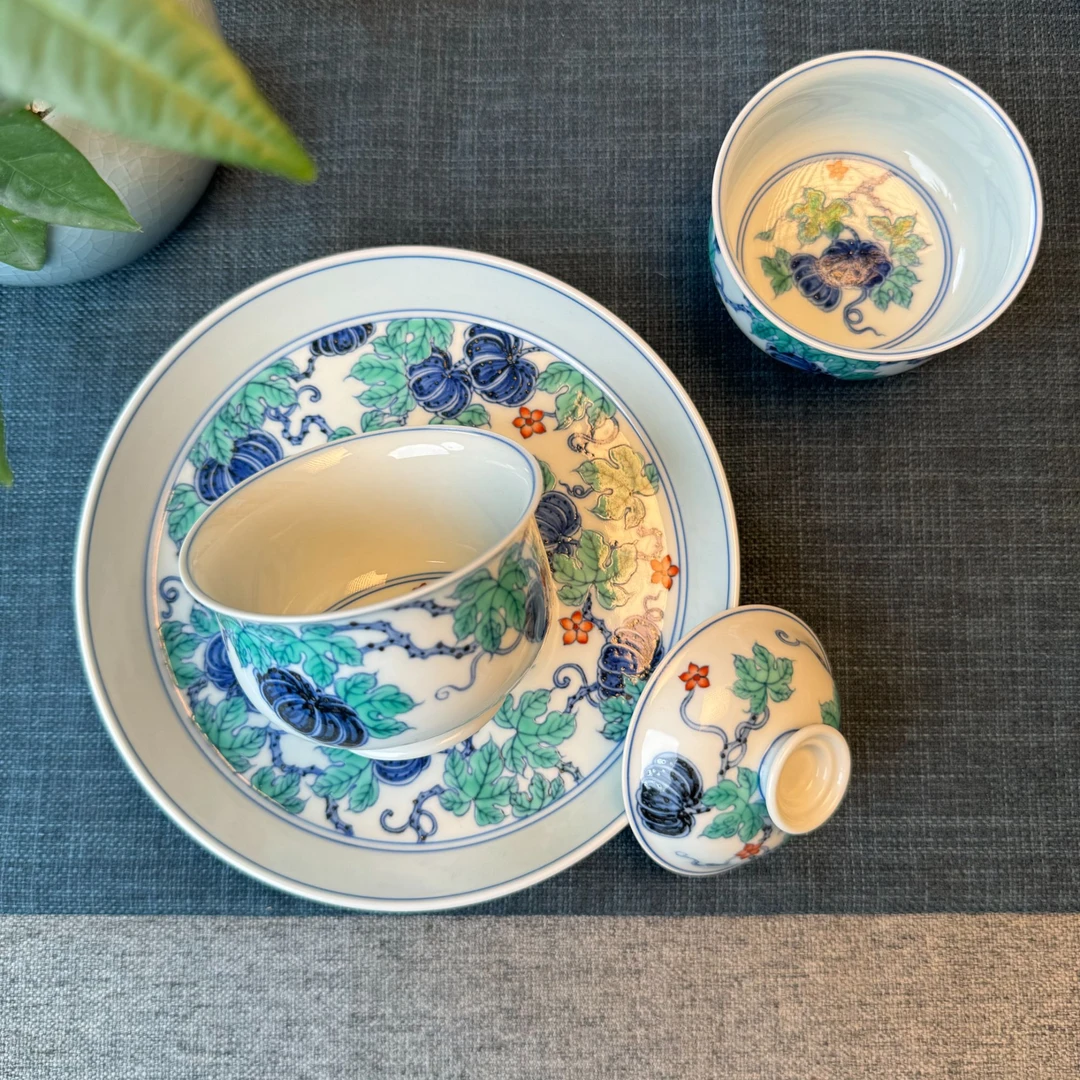 【羊歌赏瓷】仿明青花斗彩南瓜新彩盖碗壶承手工主人杯