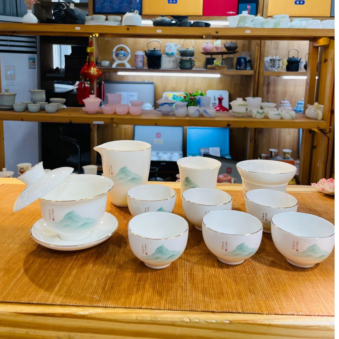 晟翔羊脂玉瓷茶具白瓷套装—青山盖碗主人杯11件套