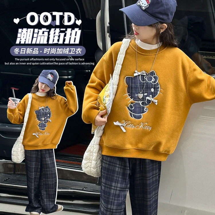 店铺热销秋冬儿童卫衣南瓜色卡通印花男女童加绒保暖上