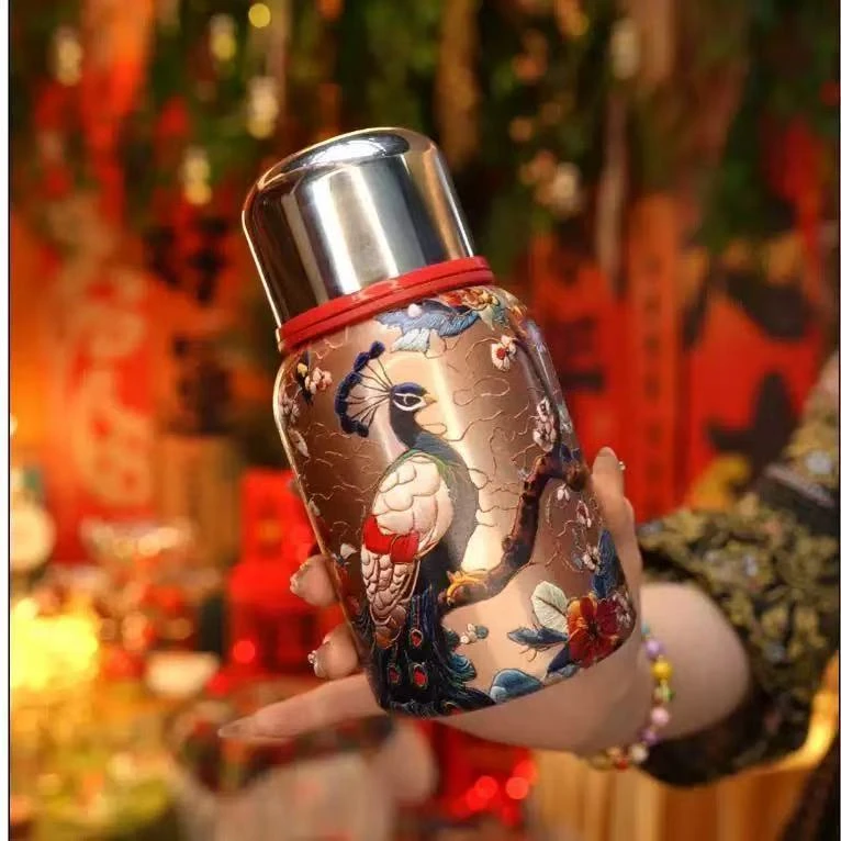 新款国风孔雀保温杯小胖丁保温杯户外便携手提口袋杯车载随行杯