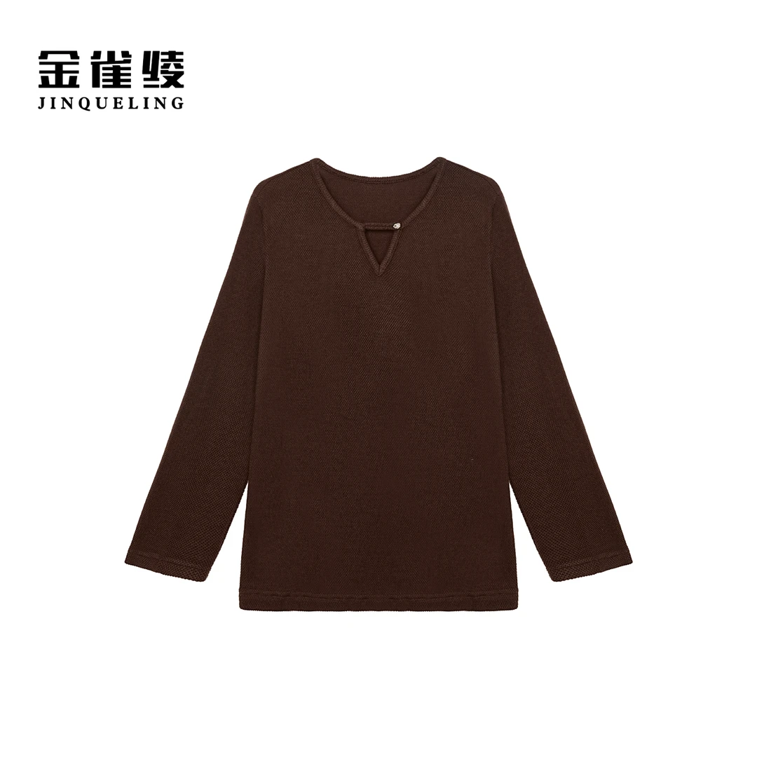 金雀绫【沉香可可】设计款小V领针织工艺加宽加大上衣SZA3SG594