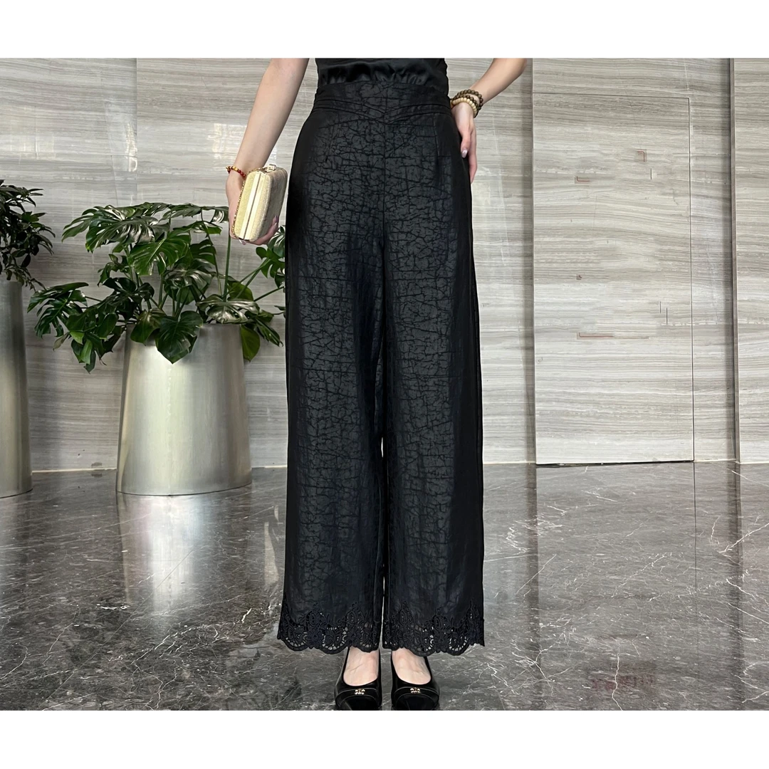 FSSIA茗辰｜非遗香云纱老料黑龟纹镂空刺绣显瘦直筒裤长裤MG-5117