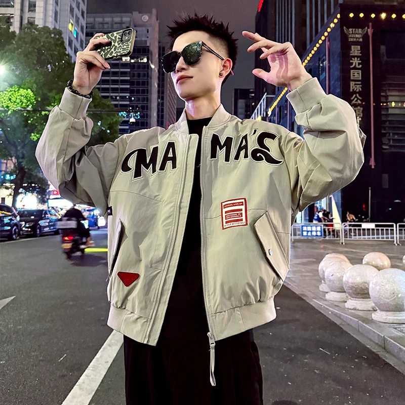 美式撞色字母刺绣棒球服外套青少年潮牌痞帅上衣宽松飞行员夹克男