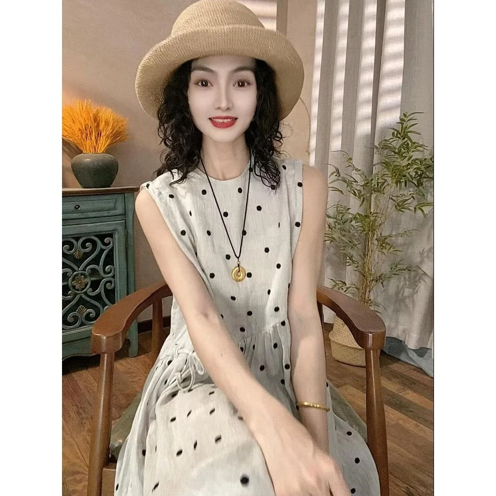 无袖波点亚麻连衣裙女夏季法式高级感巨显瘦大方新款减龄气质裙子