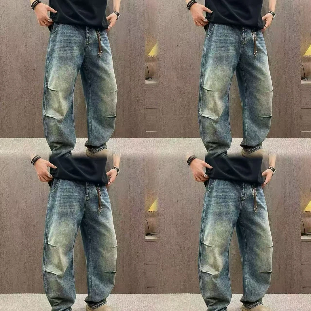 【退货运费险】美式复古水洗掐褶加厚直筒半松紧腰牛仔裤26302