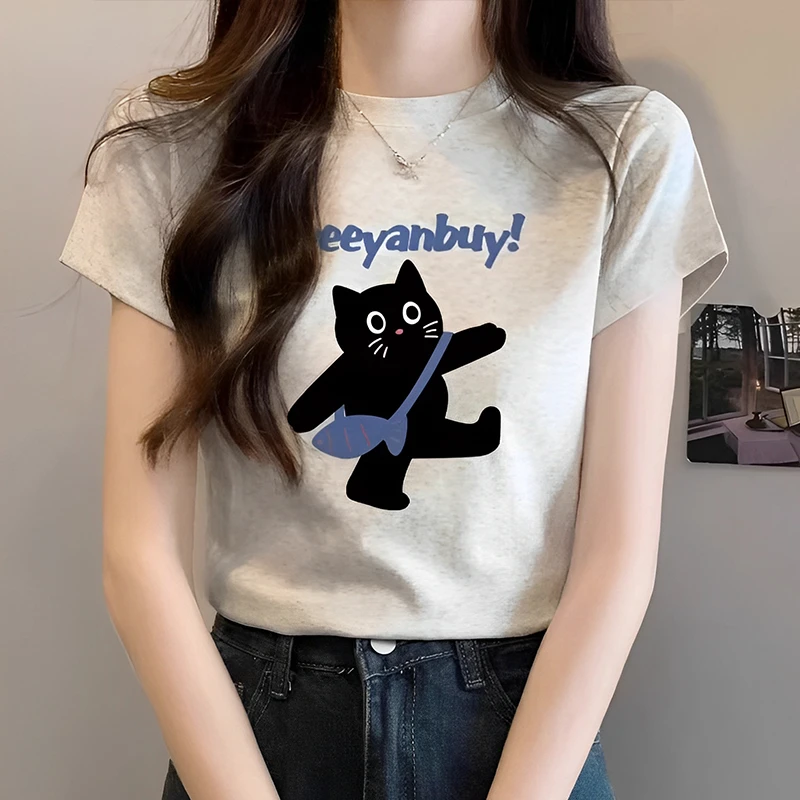 花灰色正肩短袖T恤女新款夏季印花修身显瘦短款韩版高级感上衣