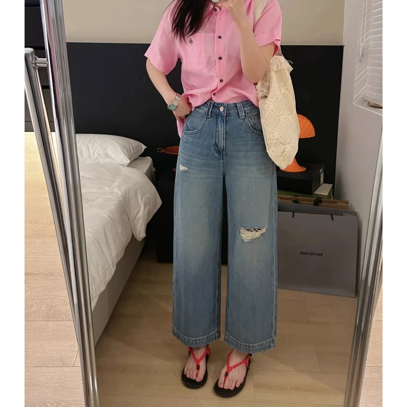 蓝色汉麻薄款破洞阔腿牛仔裤女夏季新款高腰宽松显瘦九分直筒裤子