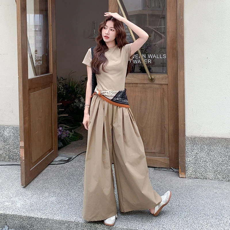 韩系穿搭一整套夏季女2025新款轻熟小众气质通勤T恤阔腿裤两件套