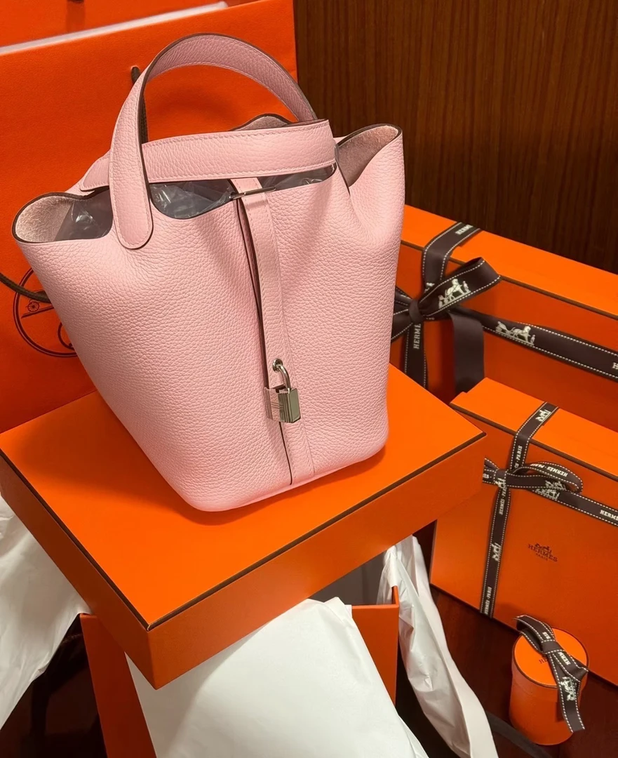 99新 Hermes/爱马仕 樱花粉银扣18菜篮子包 z刻 12907571