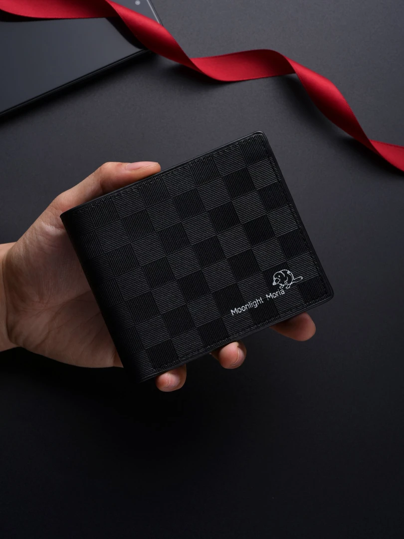 格子手工短款可折叠男士钱包时尚证件包皮夹潮流高档休闲简约钱夹