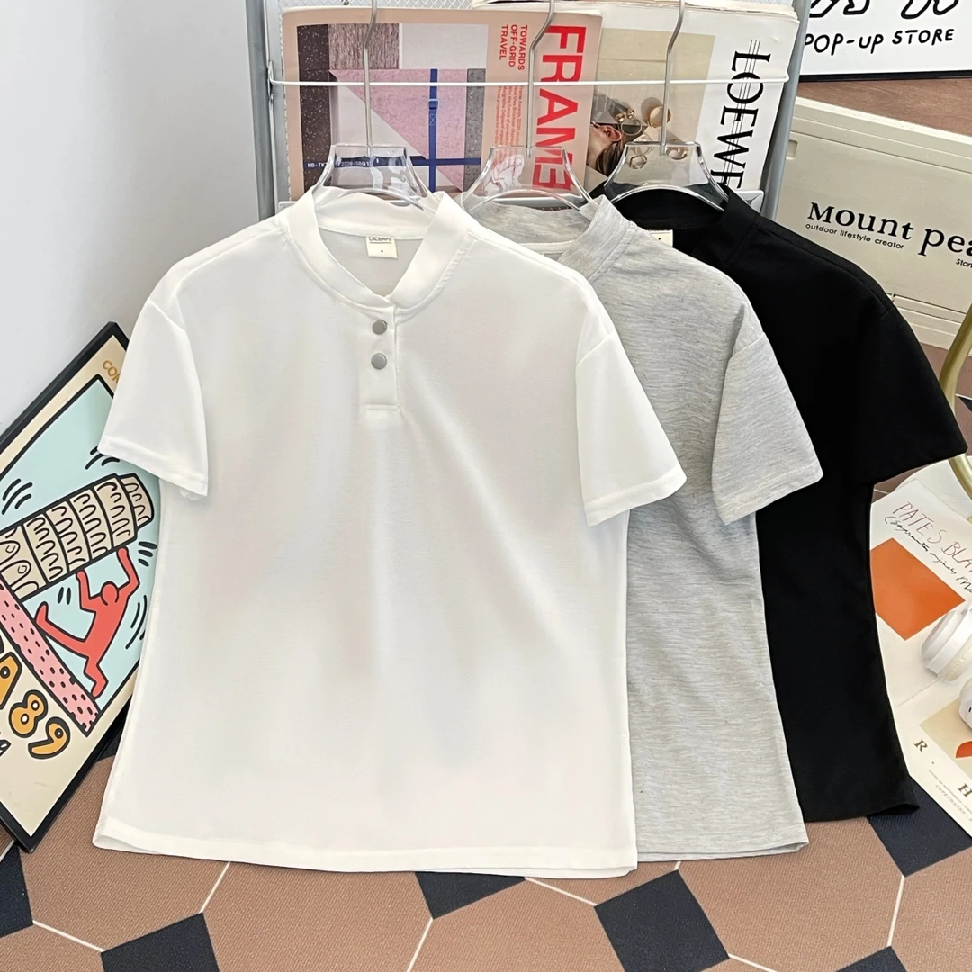 夏季华夫格短袖T恤男圆领休闲运动青少年ins美式百搭薄款纽扣上衣