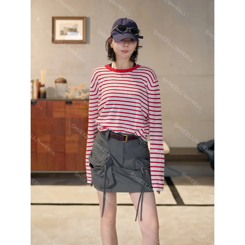SHIIEELL时尚定制柔软棉麻条纹百搭休闲气质廓形宽松长袖T恤ZH419