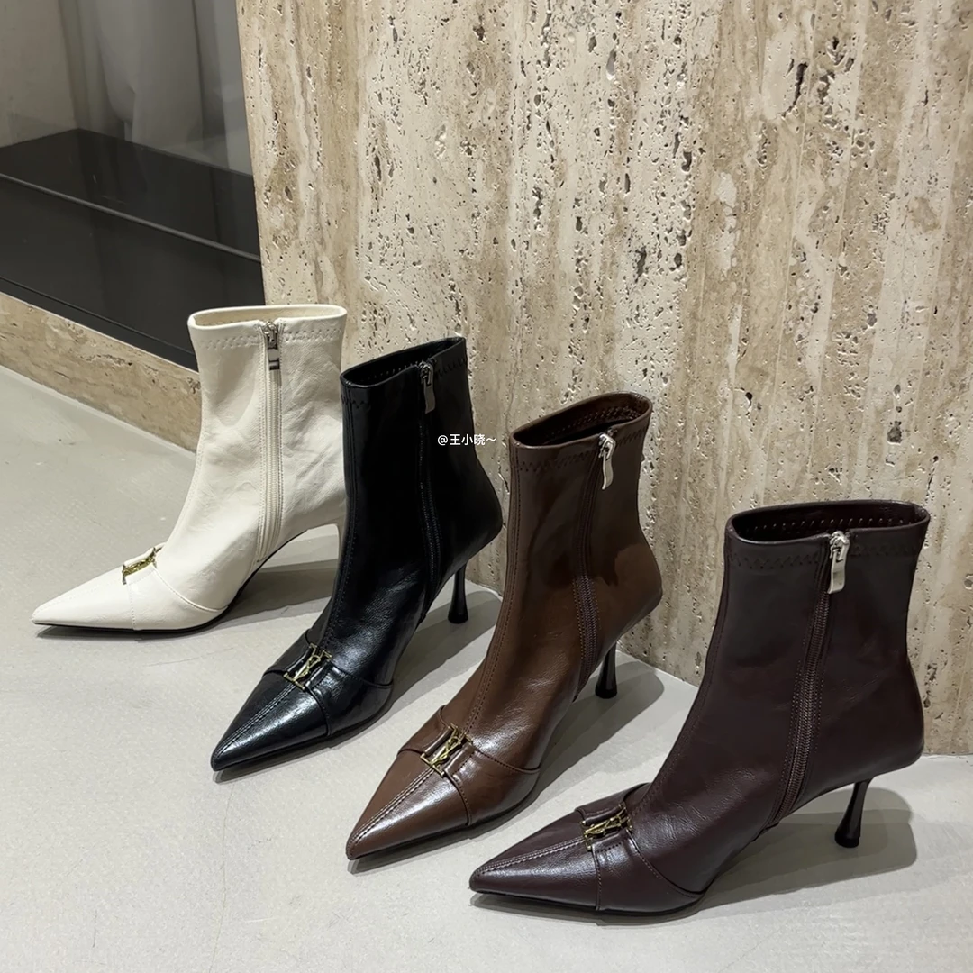 细跟短靴女气质侧拉链女靴高跟轻职风秋冬款黑色尖头瘦瘦靴女防滑