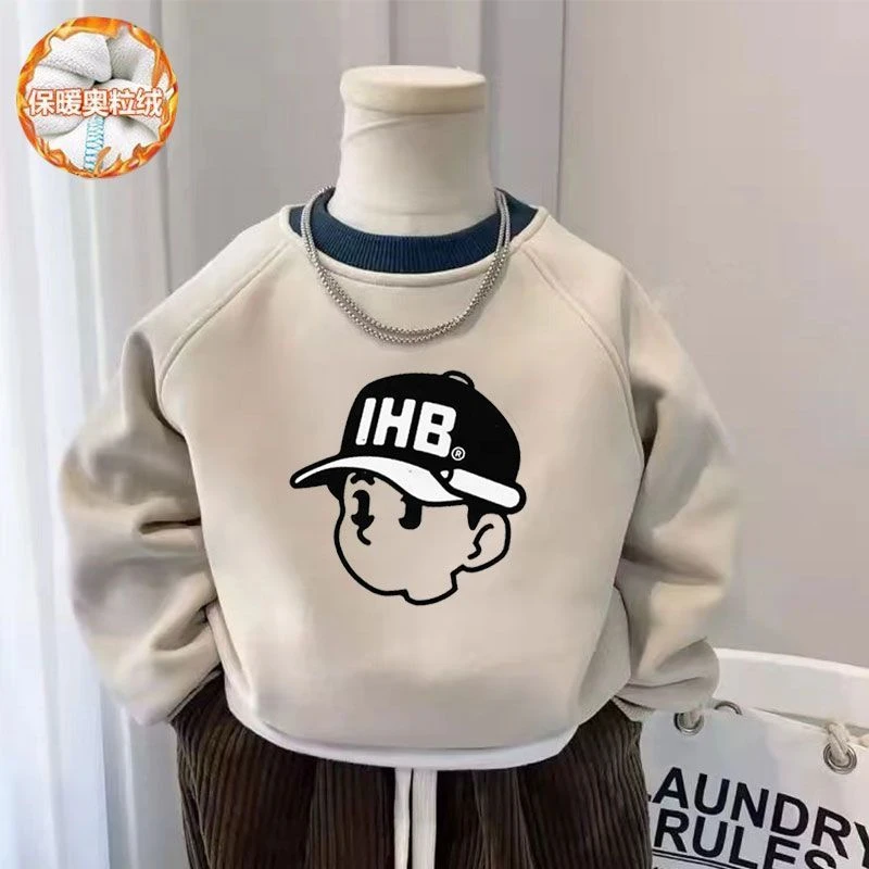 男童一体绒卫衣洋气长袖儿童插肩袖套头衫秋冬季韩版打底加绒上衣