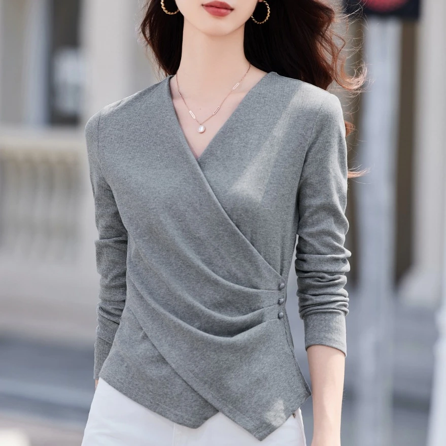 早春装2025新款V领长袖t恤女上衣针织打底衫交叉修身上衣