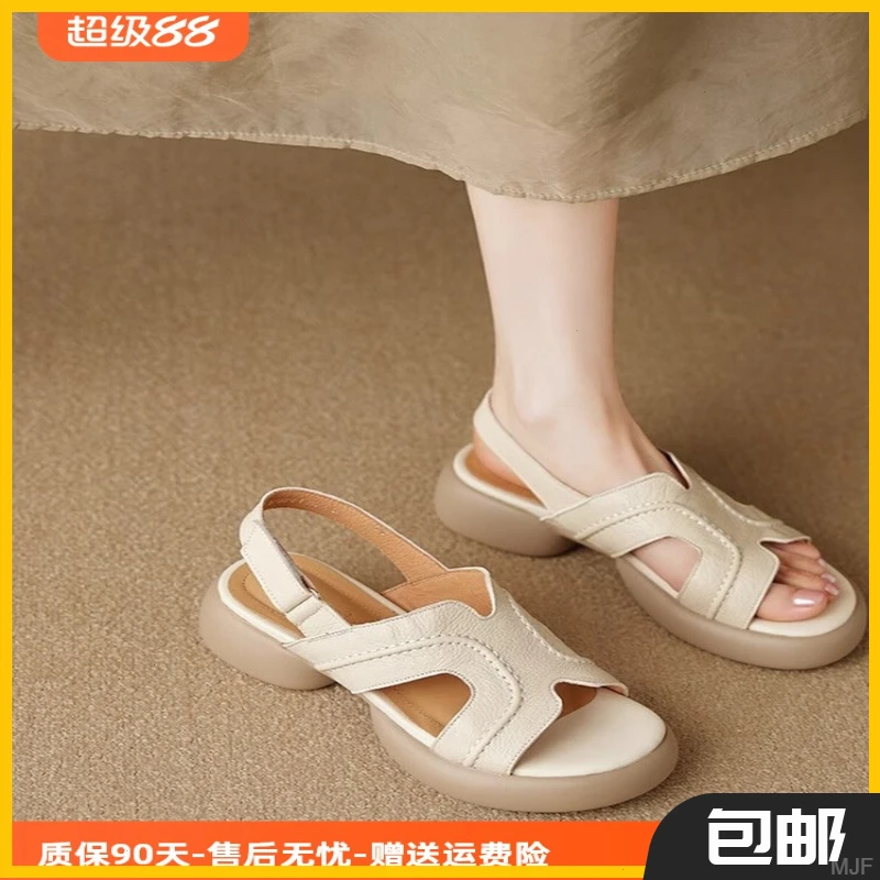 巨好搭~复古软羊皮露趾凉鞋女2025夏季新款一字厚底粗跟罗马鞋