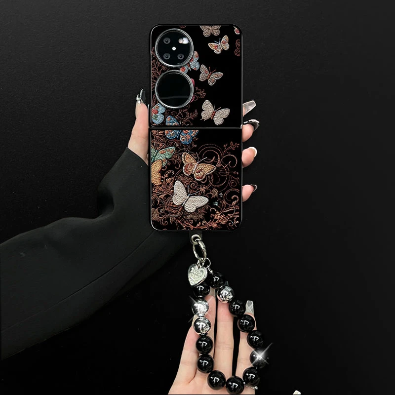 适用华为pocket2手机壳刺绣蝴蝶小羊皮折叠壳全包保护套