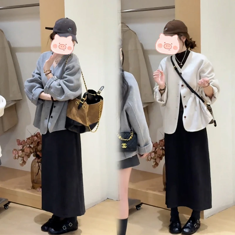 2025年秋季新款穿搭一整套纽扣设计上衣外套搭配半身裙两件套女潮