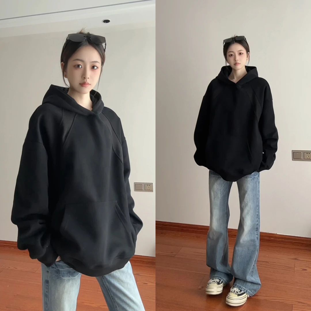 黑色重磅解构拼接加绒卫衣男款秋冬潮牌硬挺连帽衫高级感痞帅外套