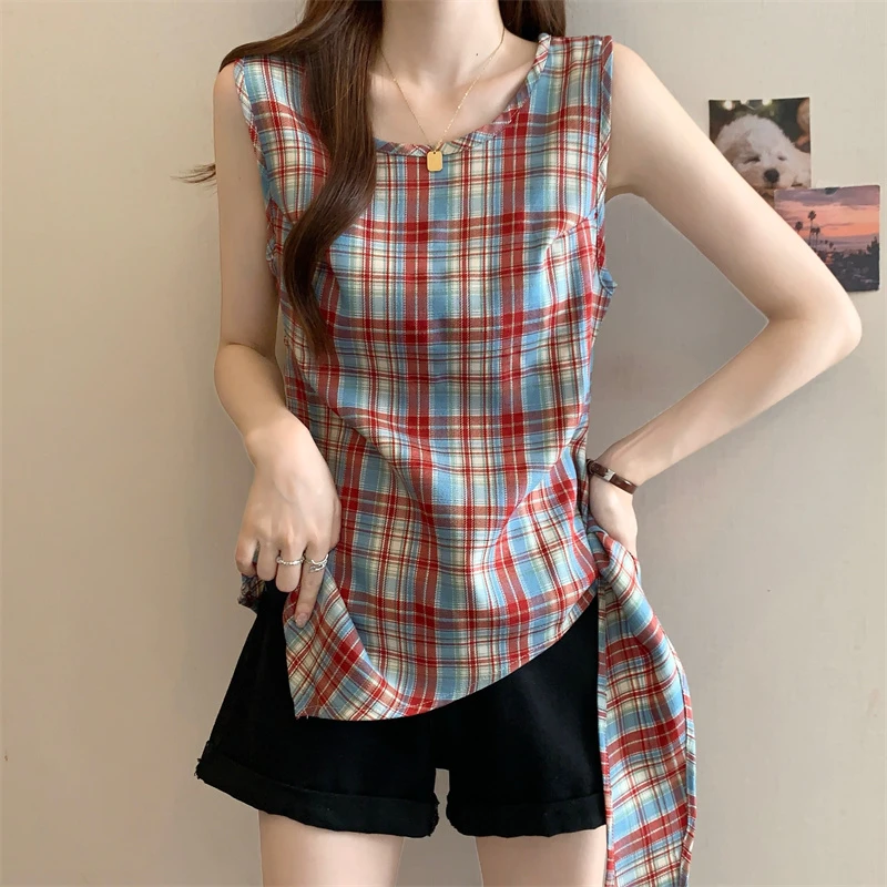 韩系格纹无袖背心吊带女外穿夏季大码胖mm绑带收腰显瘦不规则上衣