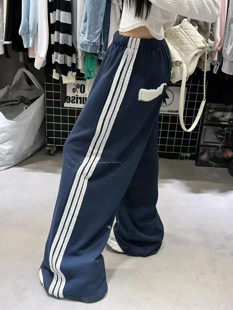 悠悠 侧面蕾丝花边抽绳松紧腰条纹阔腿裤休闲裤女