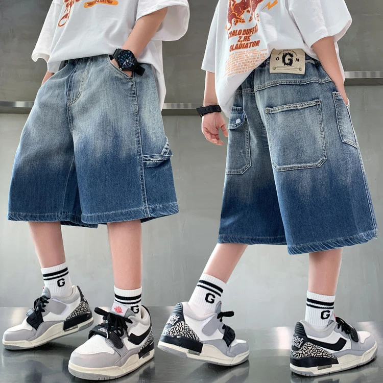 2025男童夏季新款牛仔中裤儿童韩版洋气宽松牛仔五分吊染渐变短裤