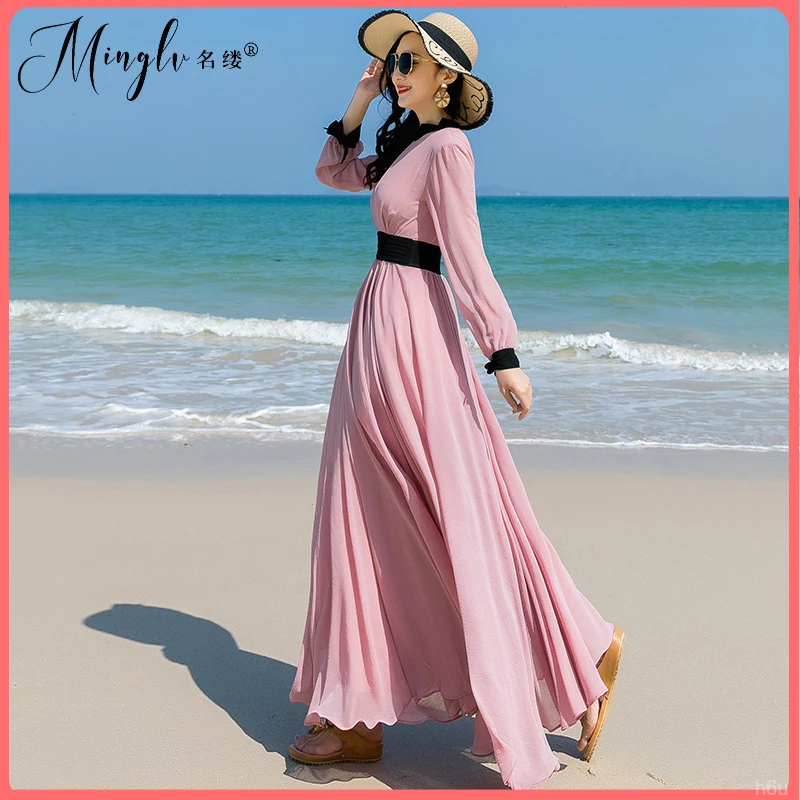 长裙大摆海边度假夏季轻奢女夏长袖沙滩裙2025新款高端连衣裙长款