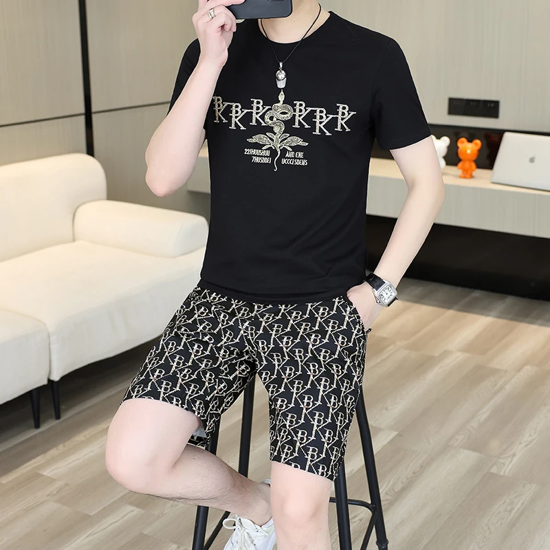 2025夏季男士透气运动套装薄款百搭修身时尚套装男