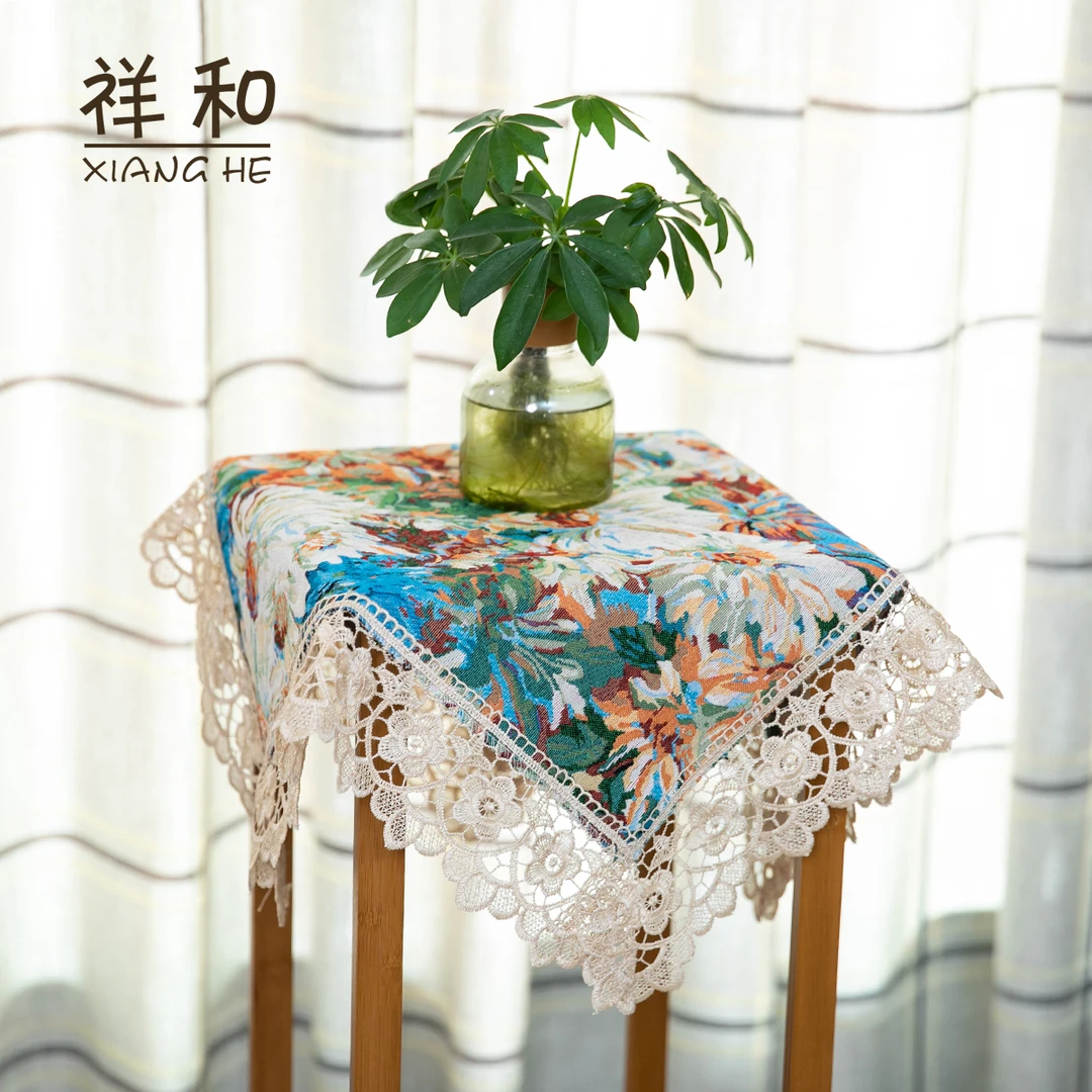 C007-1棉麻（40CM方/对）油画花卉蕾丝盖巾