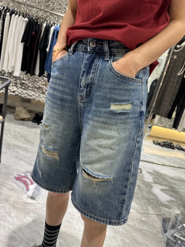 25645夏季高腰宽松破洞薄款牛仔五分裤复古休闲