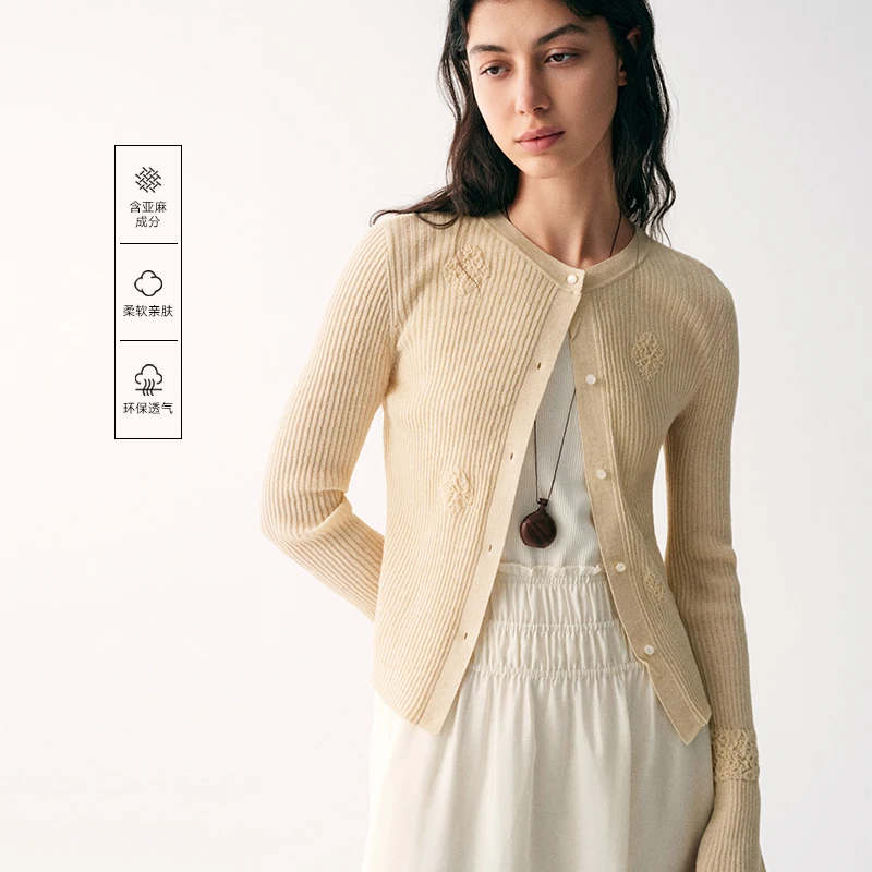 【秀场同款】MSLAN25夏新款喇叭袖花朵开衫针织毛织外套MHBW347