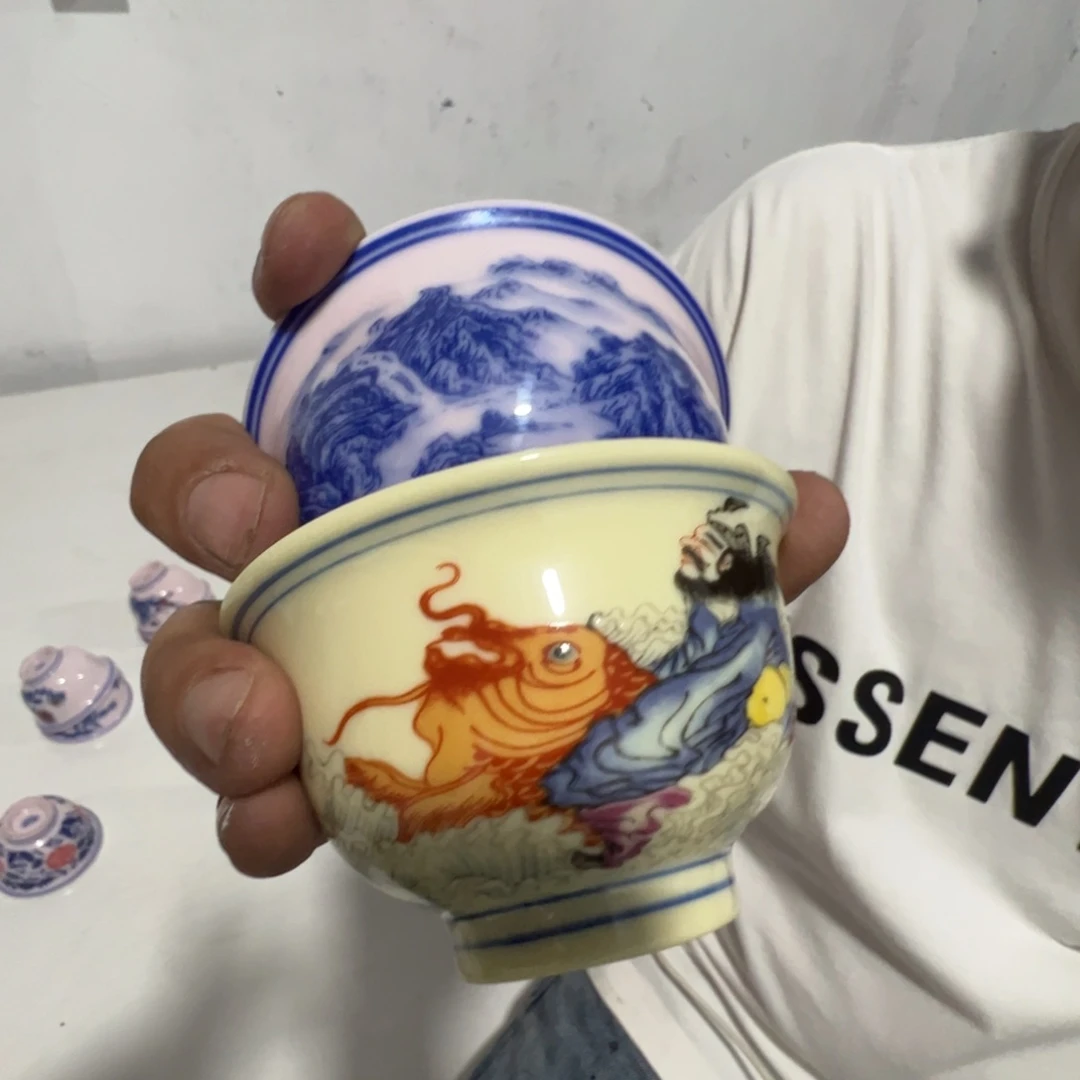 瓷片景德镇陶瓷山水杯加钟魁杯