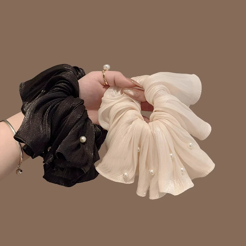 韩国新款珠光雪纺大肠发圈2025年珍珠发绳时气质优雅低马尾头饰女