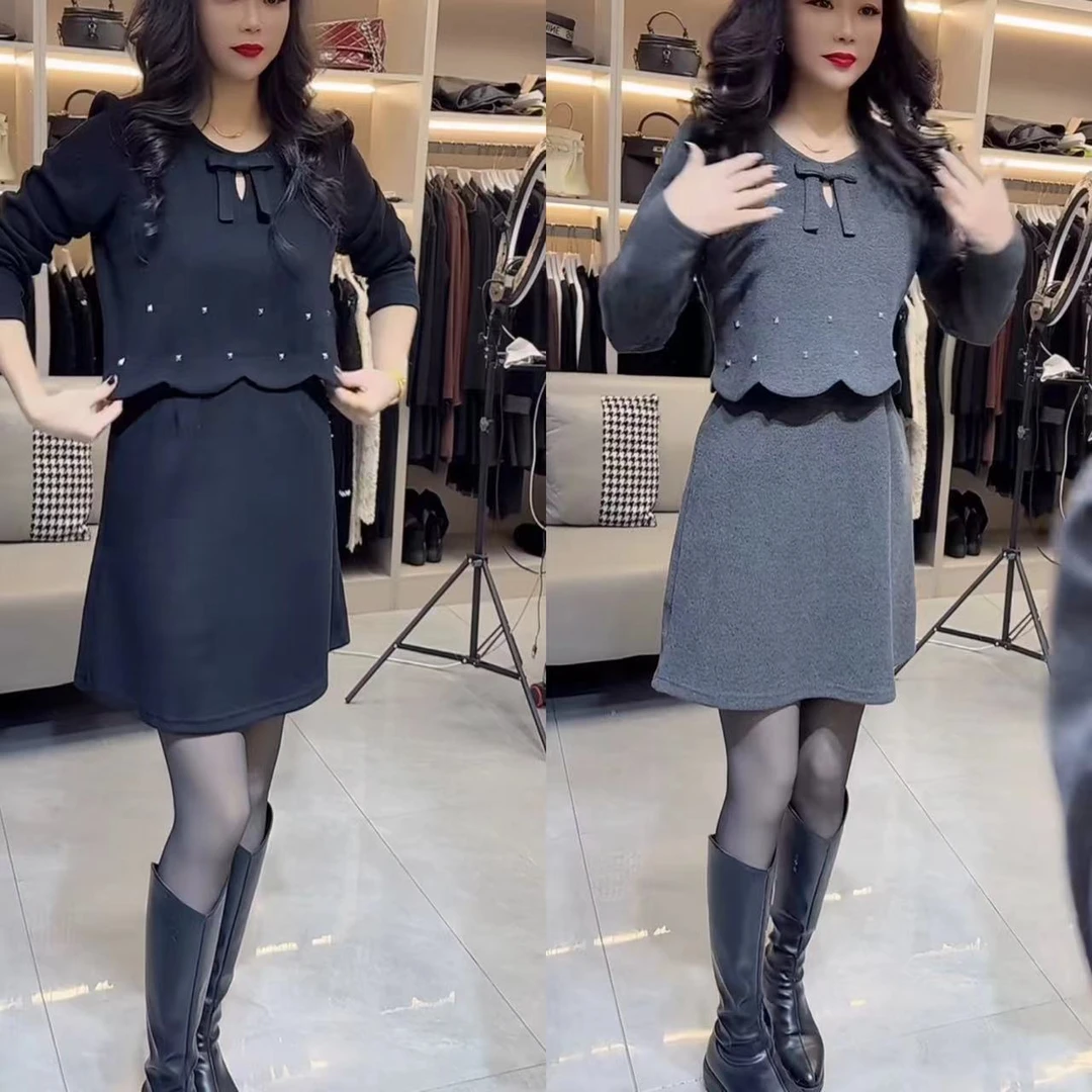 韩系街头风老钱风时尚长袖秋冬网红假两件连衣裙