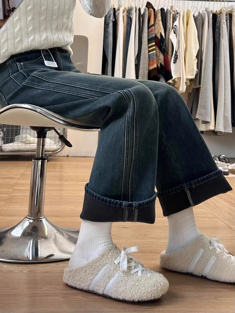 复古蓝加绒加厚阔腿牛仔裤女秋冬大码胖mm宽松显瘦梨形身材直筒裤