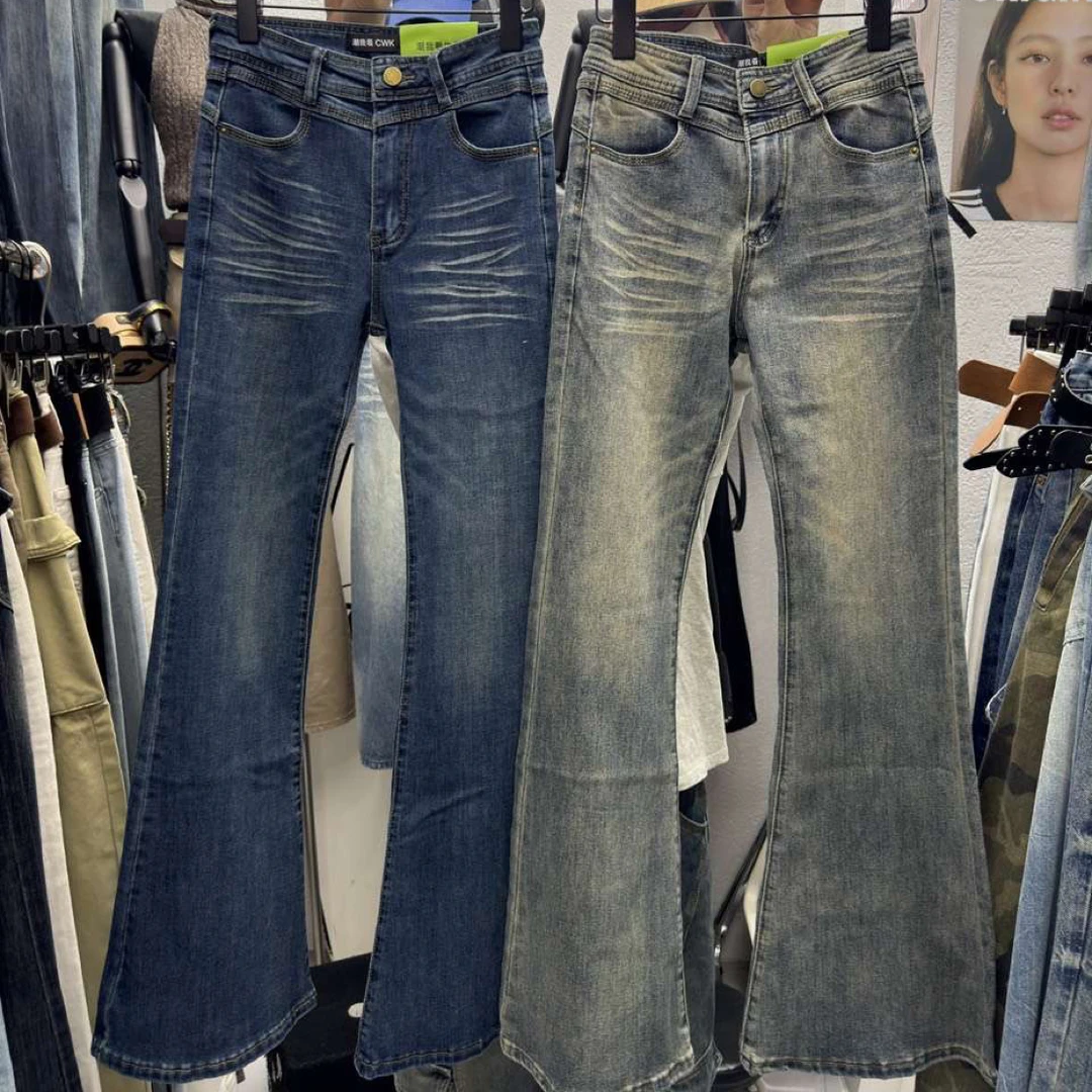 复古做旧高腰显瘦微喇牛仔裤女冬季百搭拖地长裤