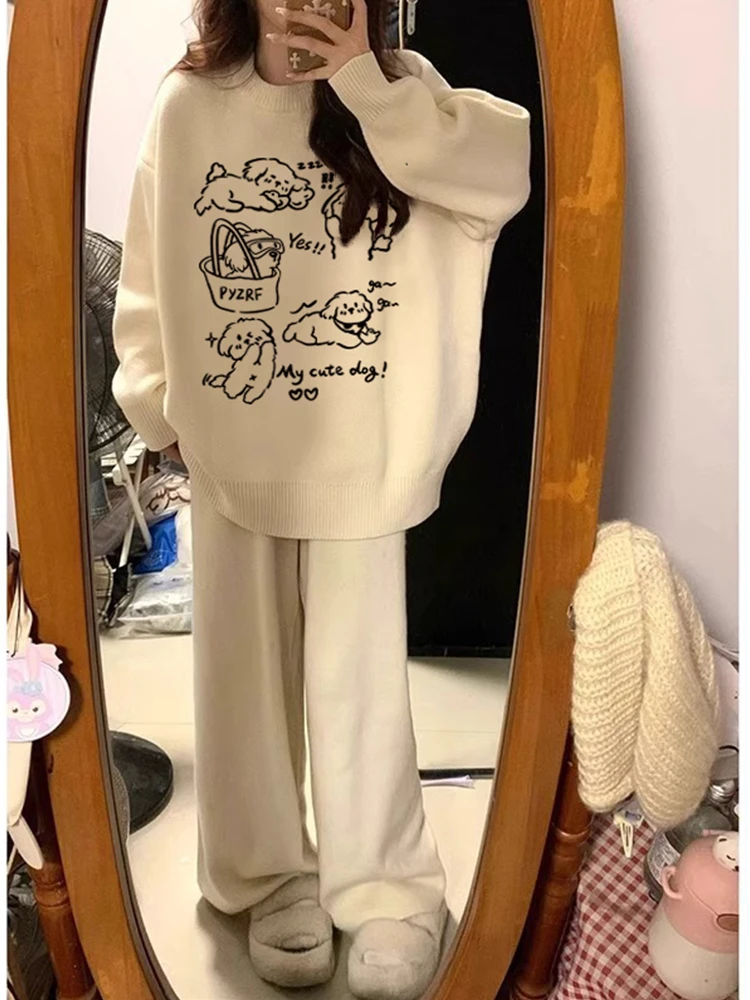 软糯套头小狗印花毛衣男女同款秋冬季加绒加厚宽松没事针织衫